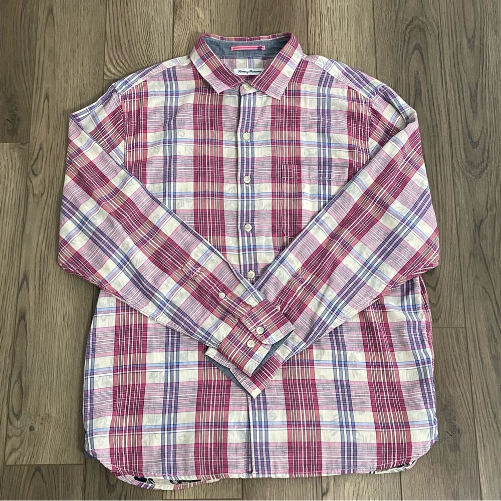 Tommy Bahama Plaid Long Sleeve Floral Shirt Plaid Collard Camp Mens Large - Picture 8 of 14